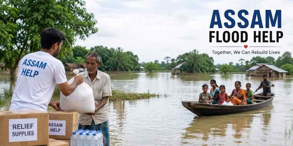 Representative image of flood relief workers evacuating a family by boat to a relief camp during the Assam floods 2026